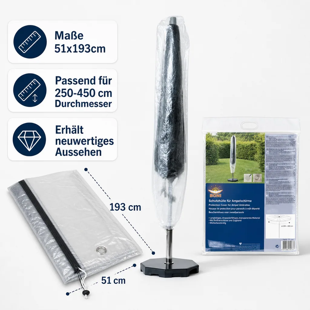 Gartenschirm Schutzhülle transparent, 250-450 cm, reißfest & wetterfest