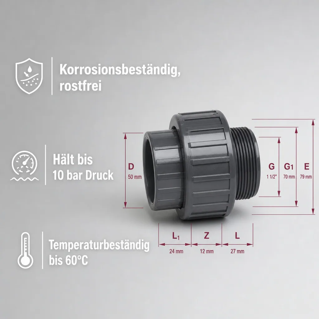 PVC Verschraubung 50mm, Klebemuffe x IG 1 1/2", PVC-U Fitting