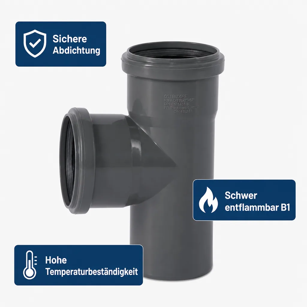 HT Rohr 75mm, HT Abzweig 75, 87 Grad, Abwasserrohr, HTsafeEA