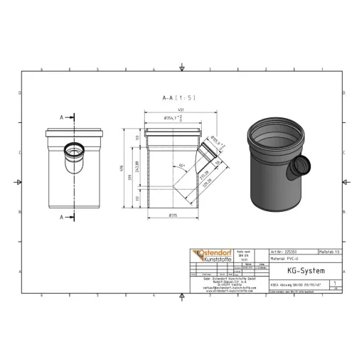 Abzweig KG Rohr DN 315/110, 45 Grad, Kanalrohr Abzweig