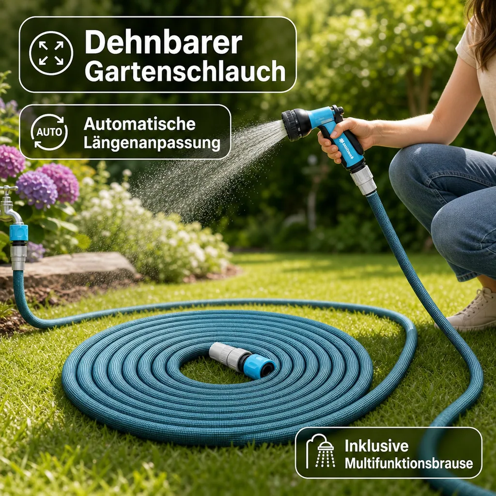 Gartenschlauch, dehnbarer Gartenschlauch, Schlauchset mit Brause, 15m - 30m Betriebslänge