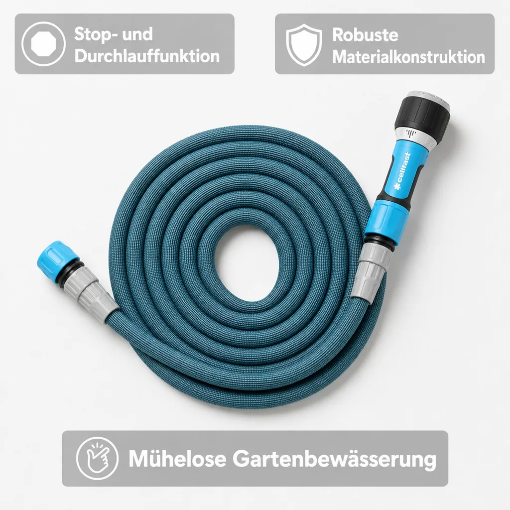 Gartenschlauch, dehnbarer Gartenschlauch, Schlauchset mit Brause, 15m - 30m Betriebslänge