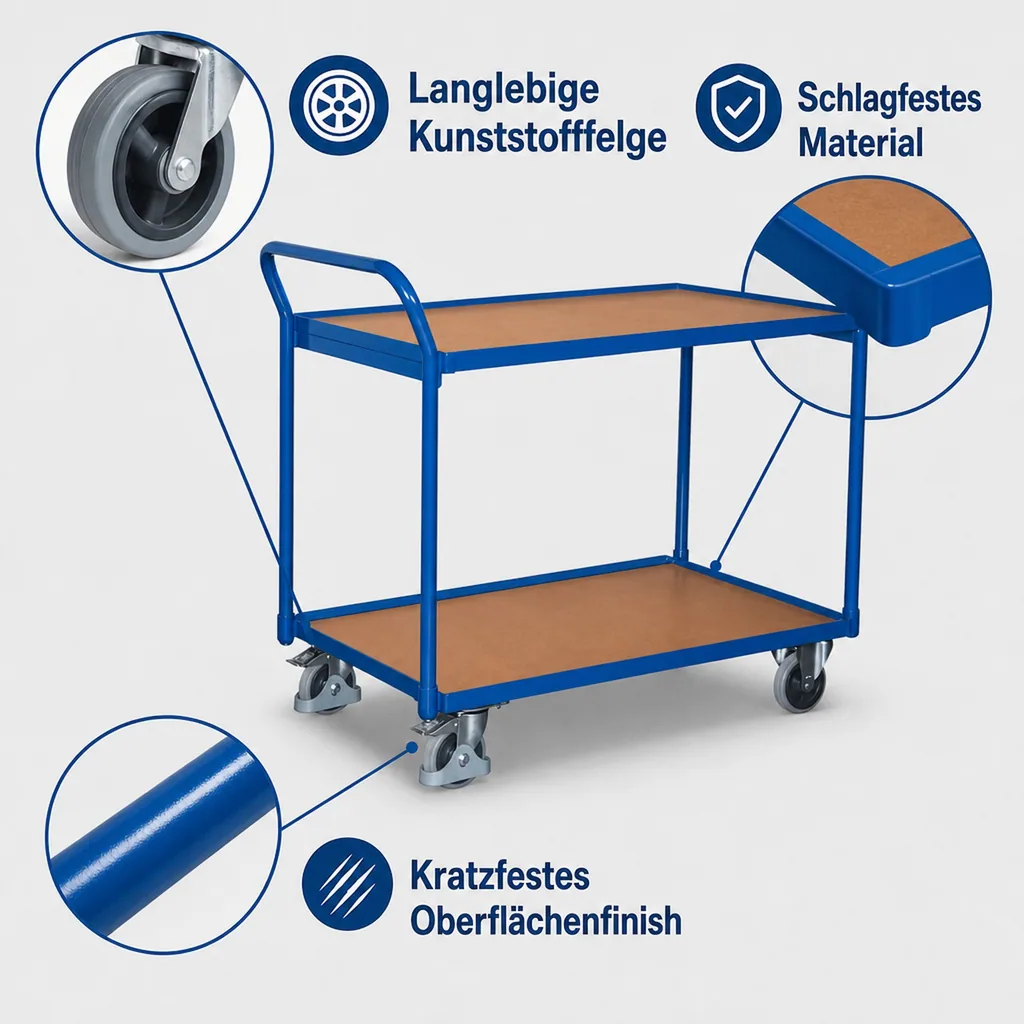 Tischwagen 250 kg mit 2 Ladeflächen hoher Schiebebügel Typ L + EasySTOP