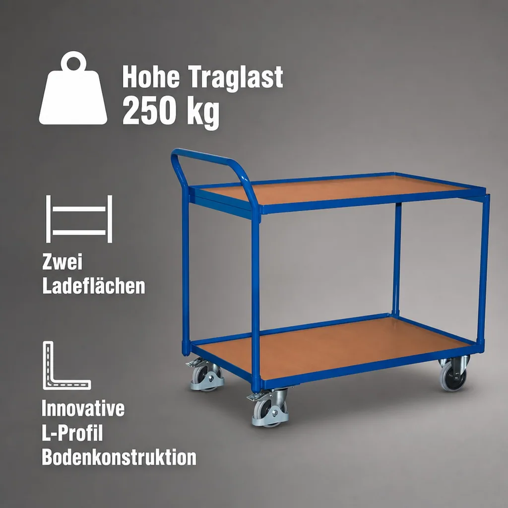 Tischwagen 250 kg mit 2 Ladeflächen hoher Schiebebügel Typ L + EasySTOP