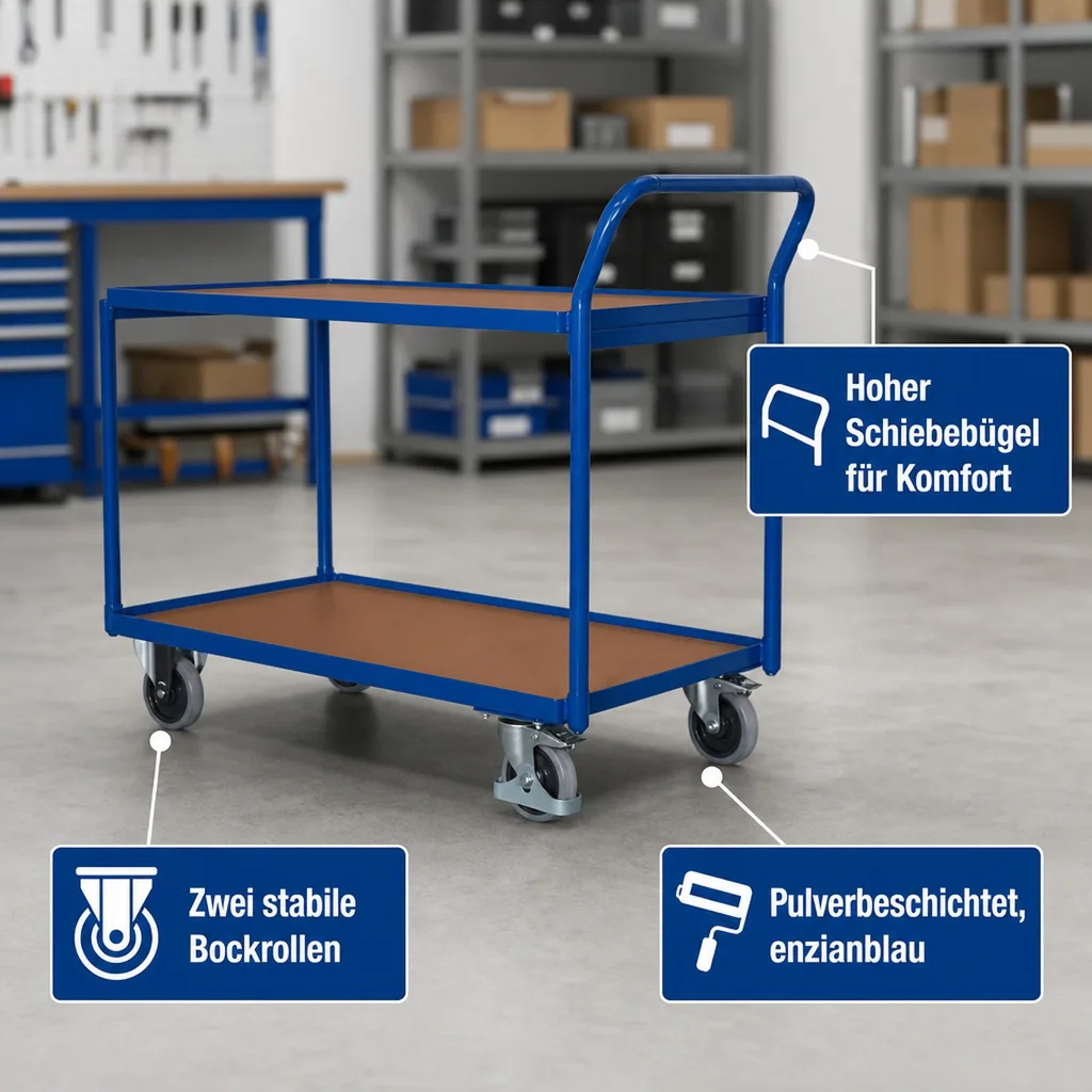 Tischwagen 250 kg mit 2 Ladeflächen hoher Schiebebügel Typ L + EasySTOP