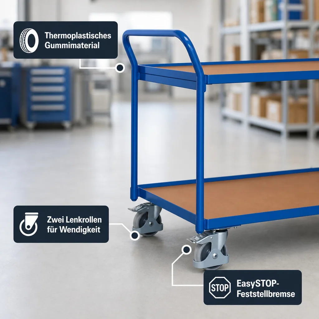 Tischwagen 250 kg mit 2 Ladeflächen hoher Schiebebügel Typ L + EasySTOP