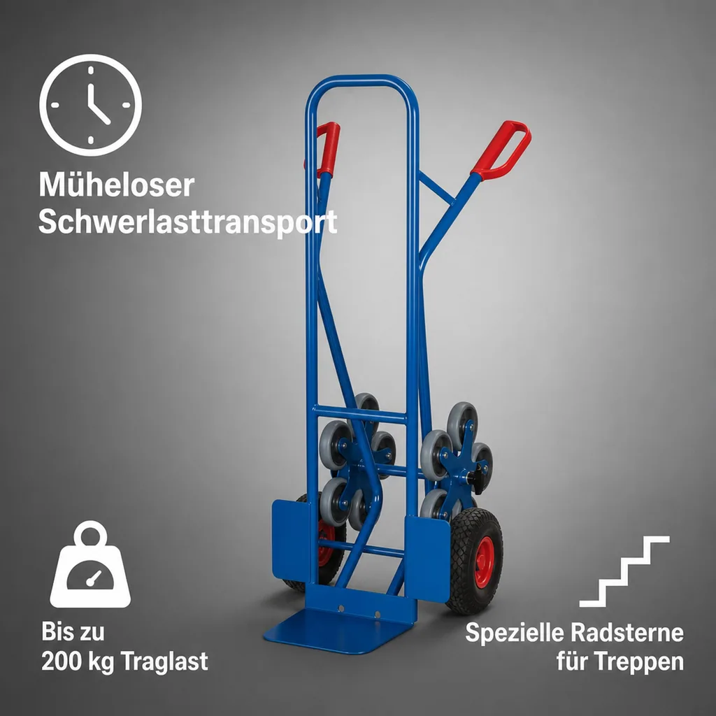 Treppenkarre 200 kg, Radstern, Luftbereifung, Stahlblech