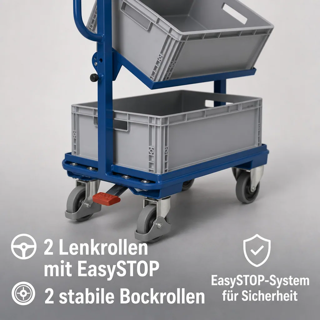 Werkstattwagen, Beistellwagen offen, 3 Kunststoffkästen, neigbar, EasySTOP, 200 kg Traglast
