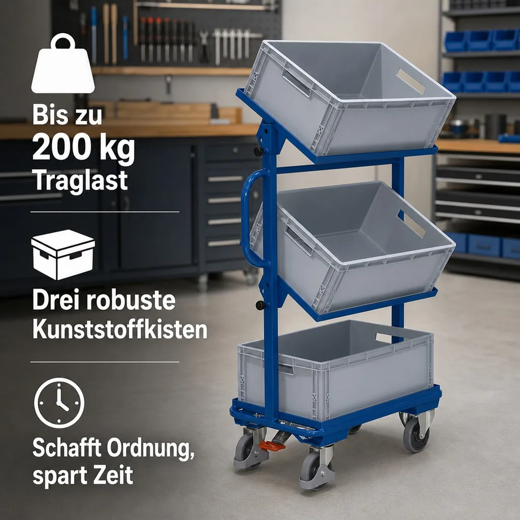 Werkstattwagen, Beistellwagen offen, 3 Kunststoffkästen, neigbar, EasySTOP, 200 kg Traglast