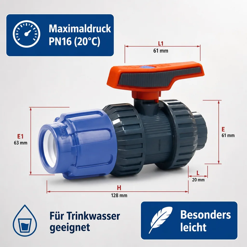 PP PE Rohr Verschraubung Kugelhahn 32 x 1" IG