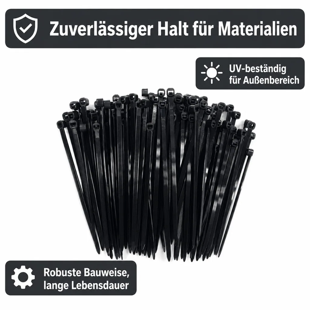 Kabelbinder 100 Stk. schwarz, 200x3,6mm, UV-beständig, Polyamid PA6.6