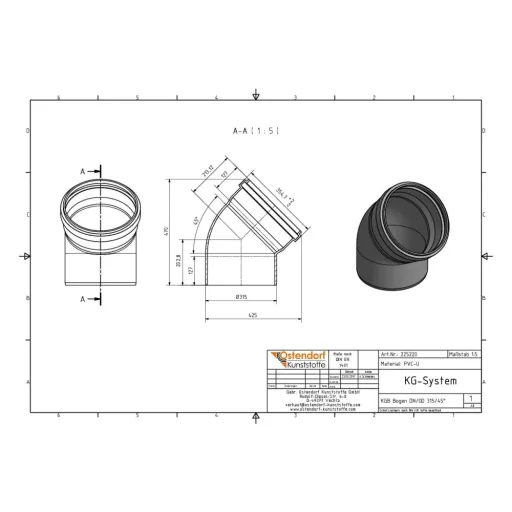 KG Bogen DN 315, 45 Grad, Abwasserrohrbogen