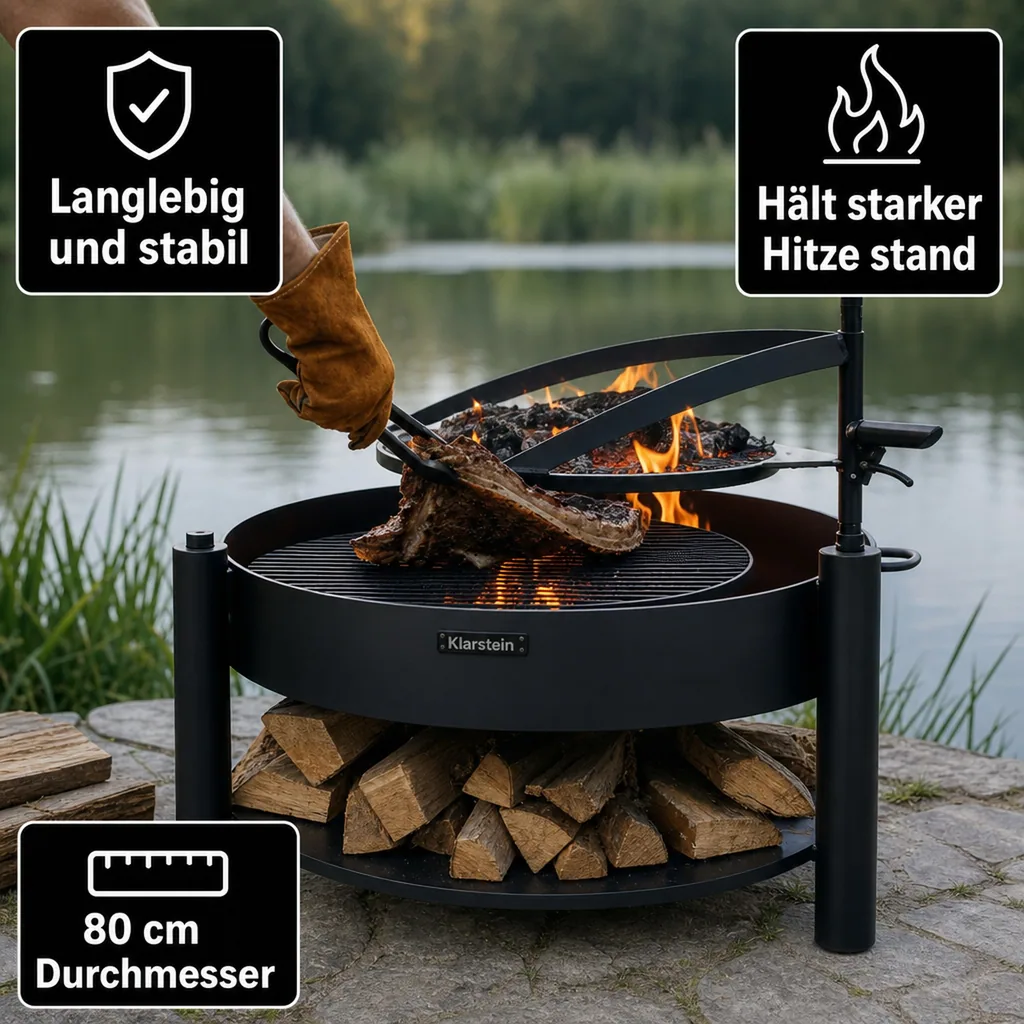 Feuerschale mit Grill, 80cm, Grillrost, multifunktional, Naturstahl