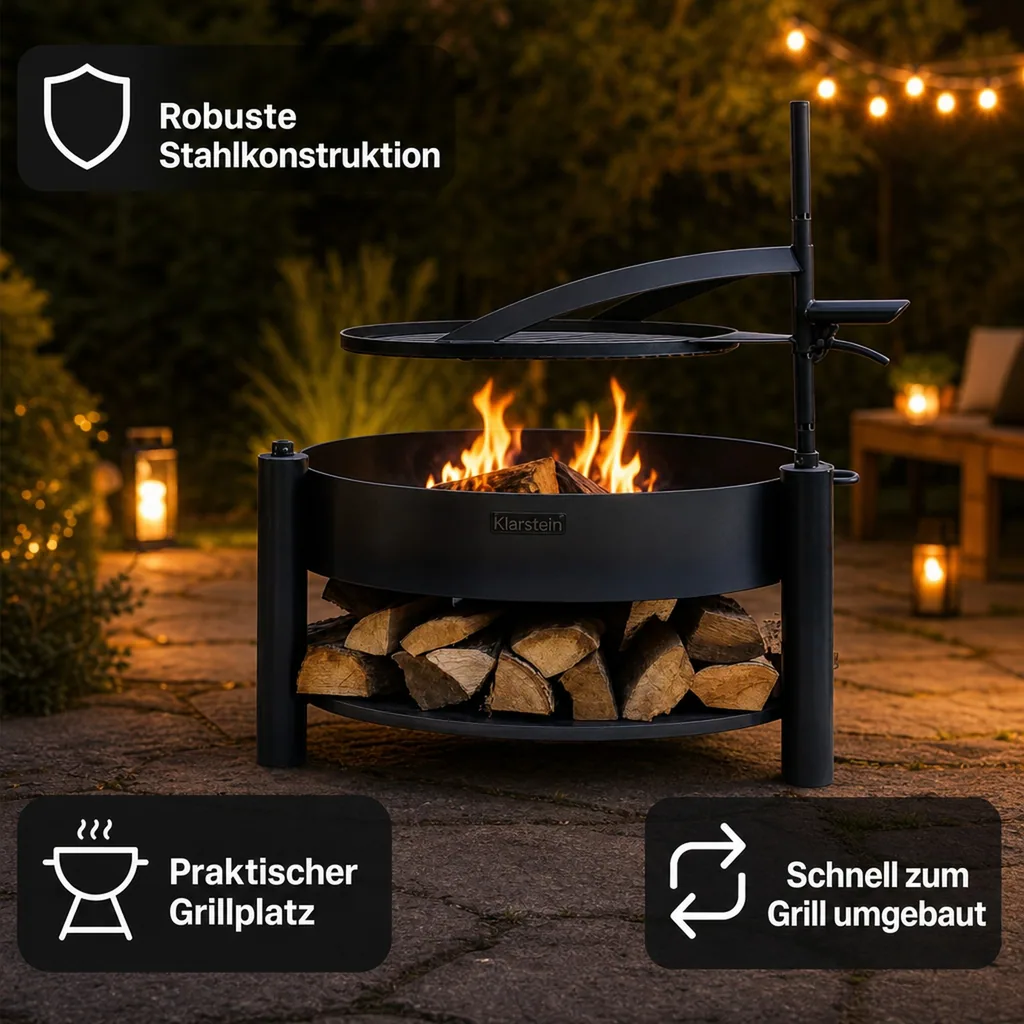Feuerschale mit Grill, 80cm, Grillrost, multifunktional, Naturstahl