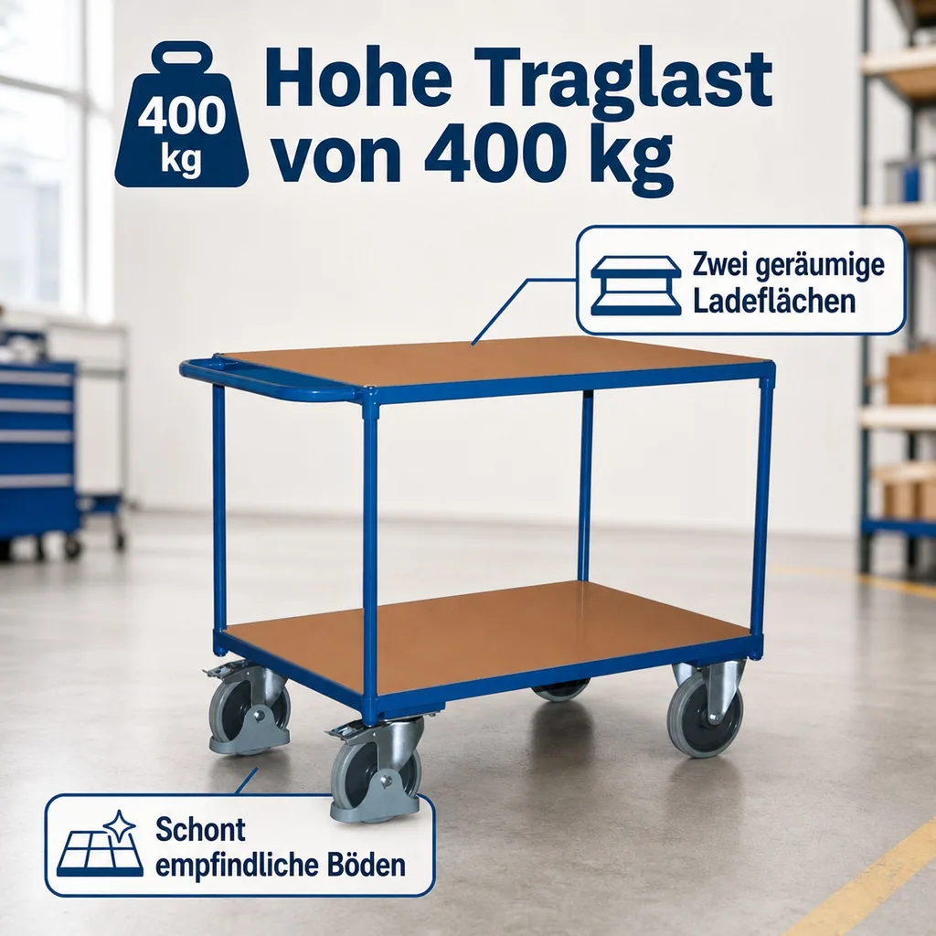 Tischwagen schwerlast, 400 kg, mit 2 Ladeflächen, Etagenwagen