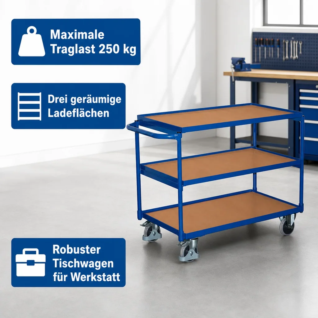 Tischwagen, Werkstattwagen, Transportwagen, 250 kg, 3 Ladeflächen