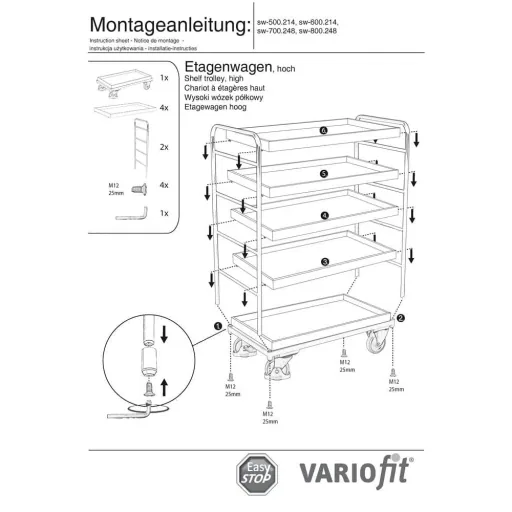 Etagenwagen, Werkstattwagen, 5 Tabletts, 250 kg Traglast, Rollen mit EasySTOP
