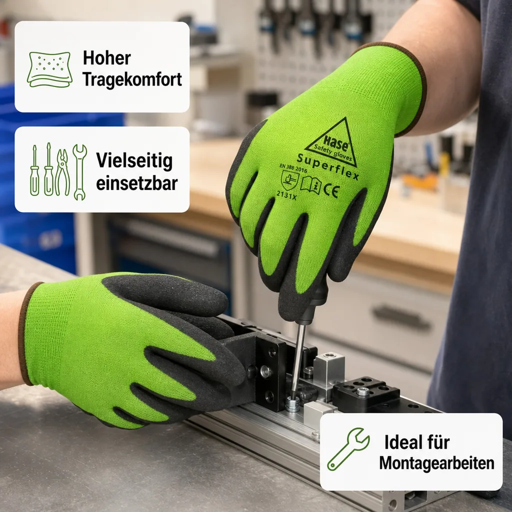 Montagehandschuhe, Arbeitshandschuhe Montage, Gr. 7, Superflex, grün/schwarz