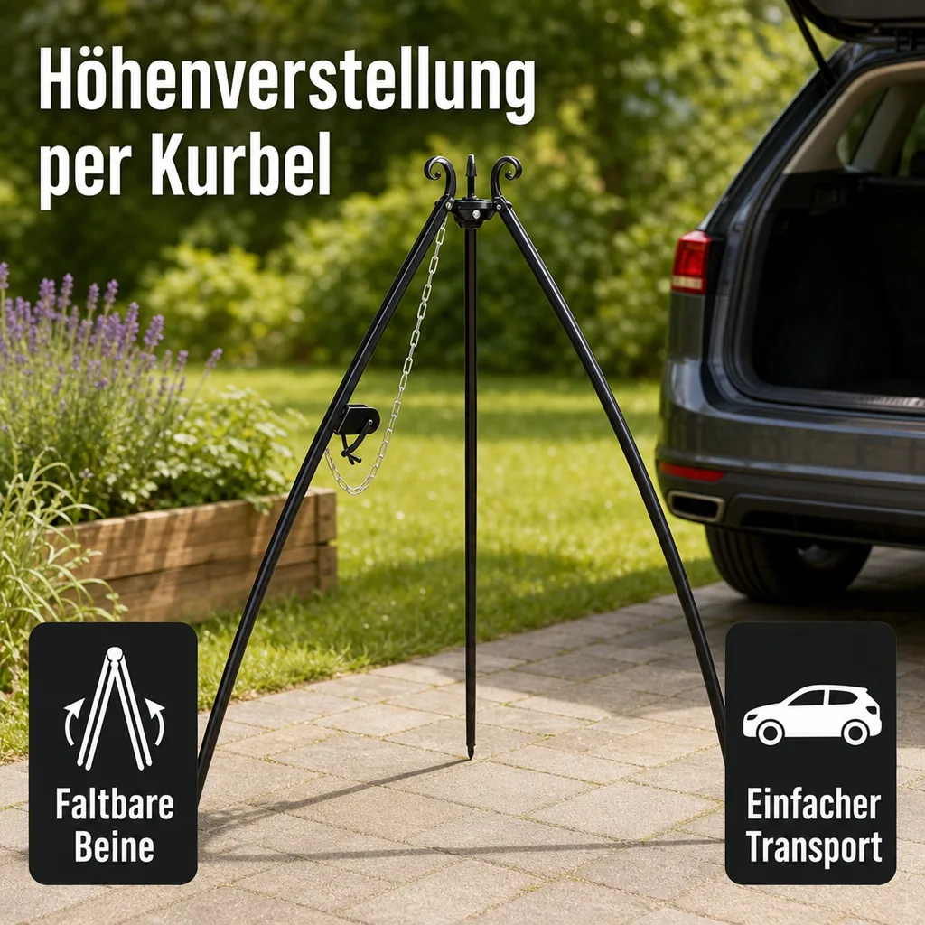 Grill Dreibein mit Kurbel 200cm, Naturstahl