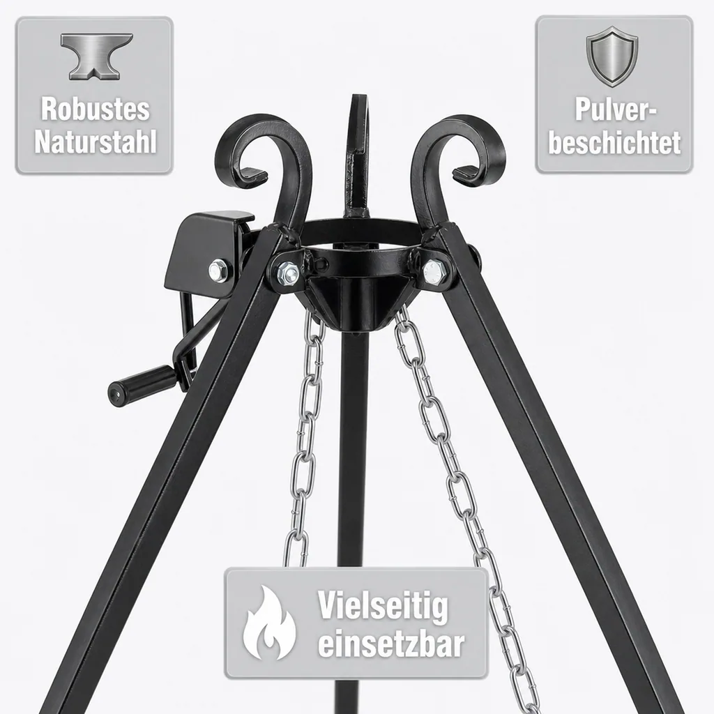 Grill Dreibein mit Kurbel 200cm, Naturstahl