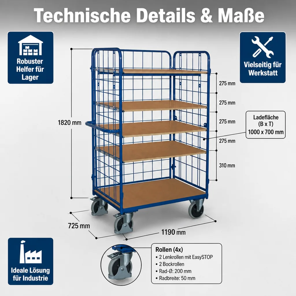 Dreiwandwagen, hoch, 5 Böden, 500 kg Traglast, EasySTOP