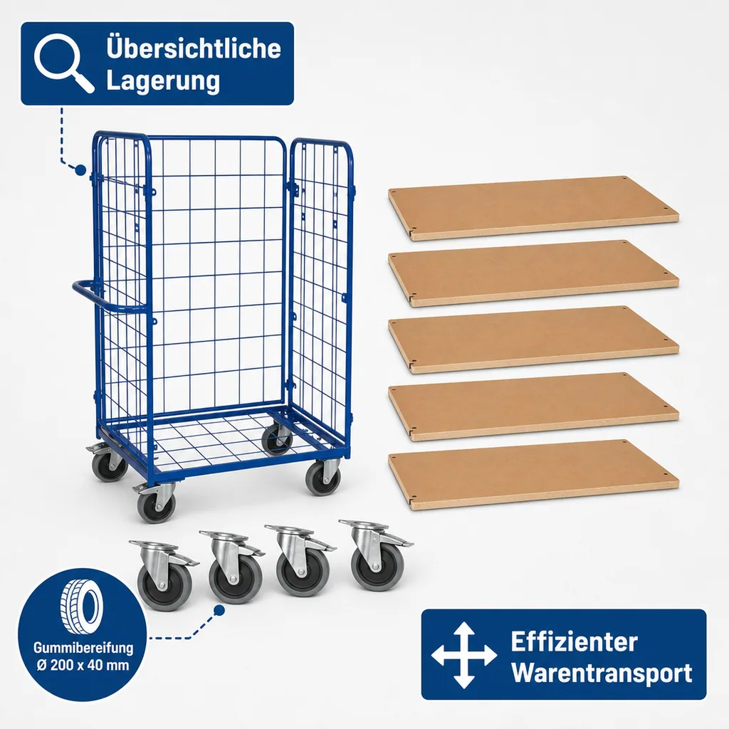 Dreiwandwagen, hoch, 5 Böden, 500 kg Traglast, EasySTOP