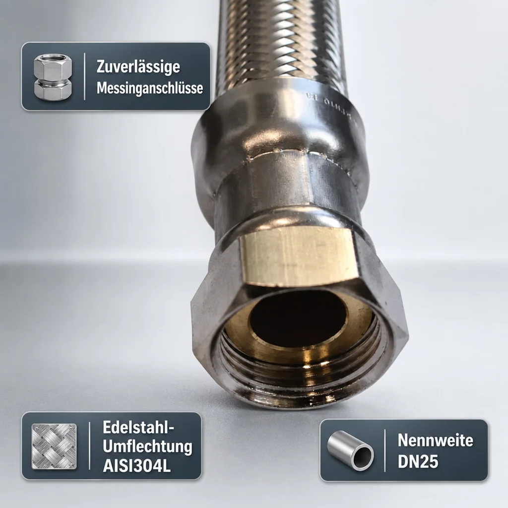Panzerschlauch DN25, Edelstahl, flexibel, 1 Zoll, 500mm, DVGW