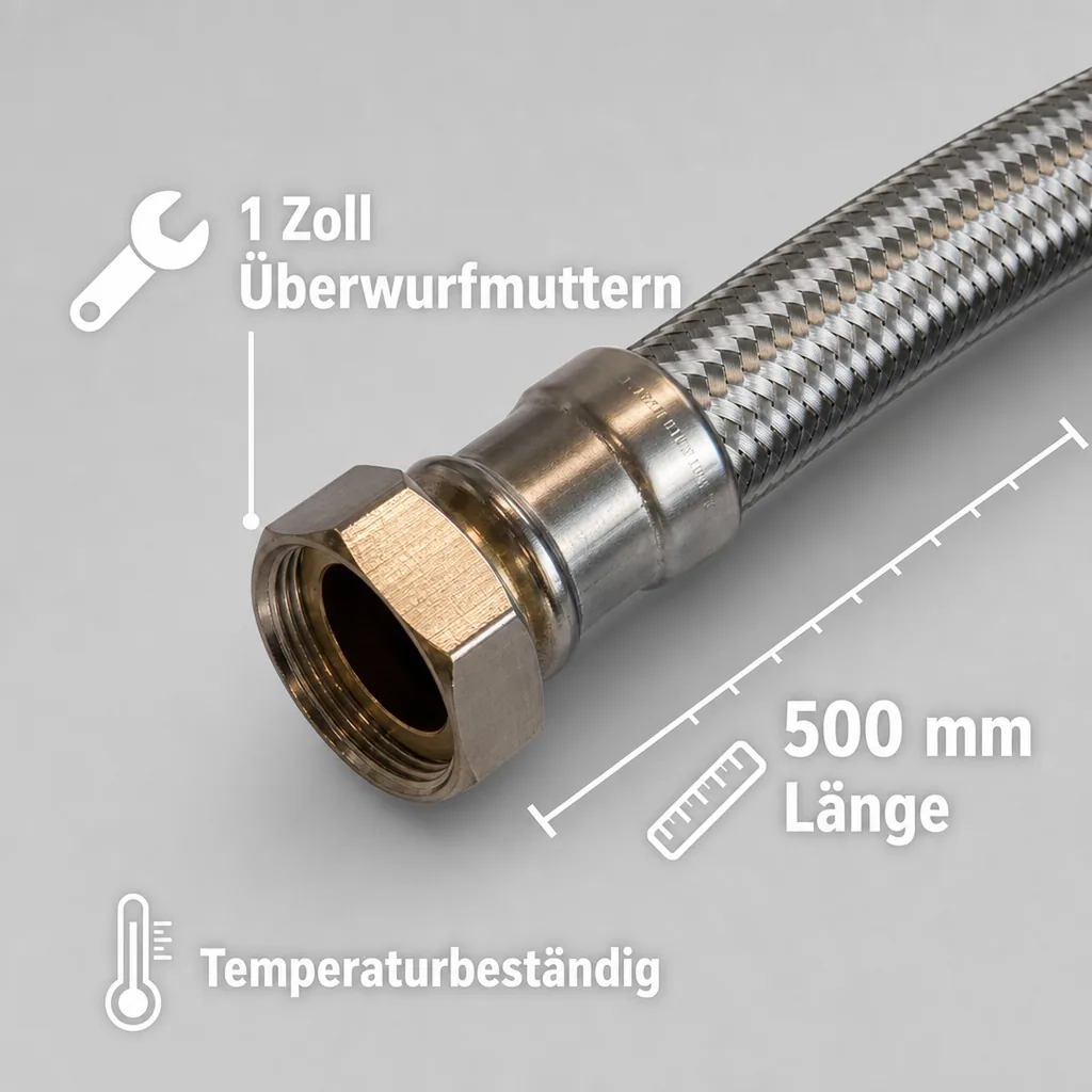 Panzerschlauch DN25, Edelstahl, flexibel, 1 Zoll, 500mm, DVGW