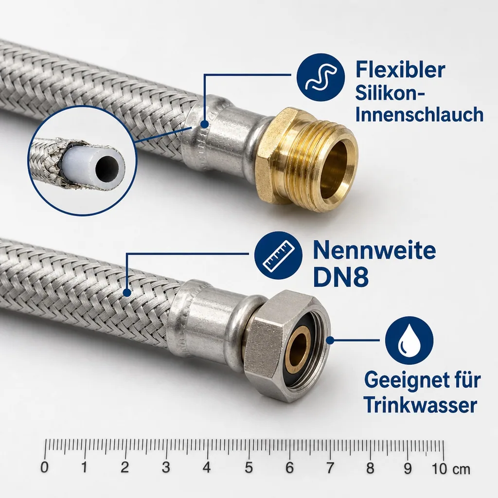 Panzerschlauch DN8, Flexschlauch 3/8 Zoll, Edelstahl, DVGW