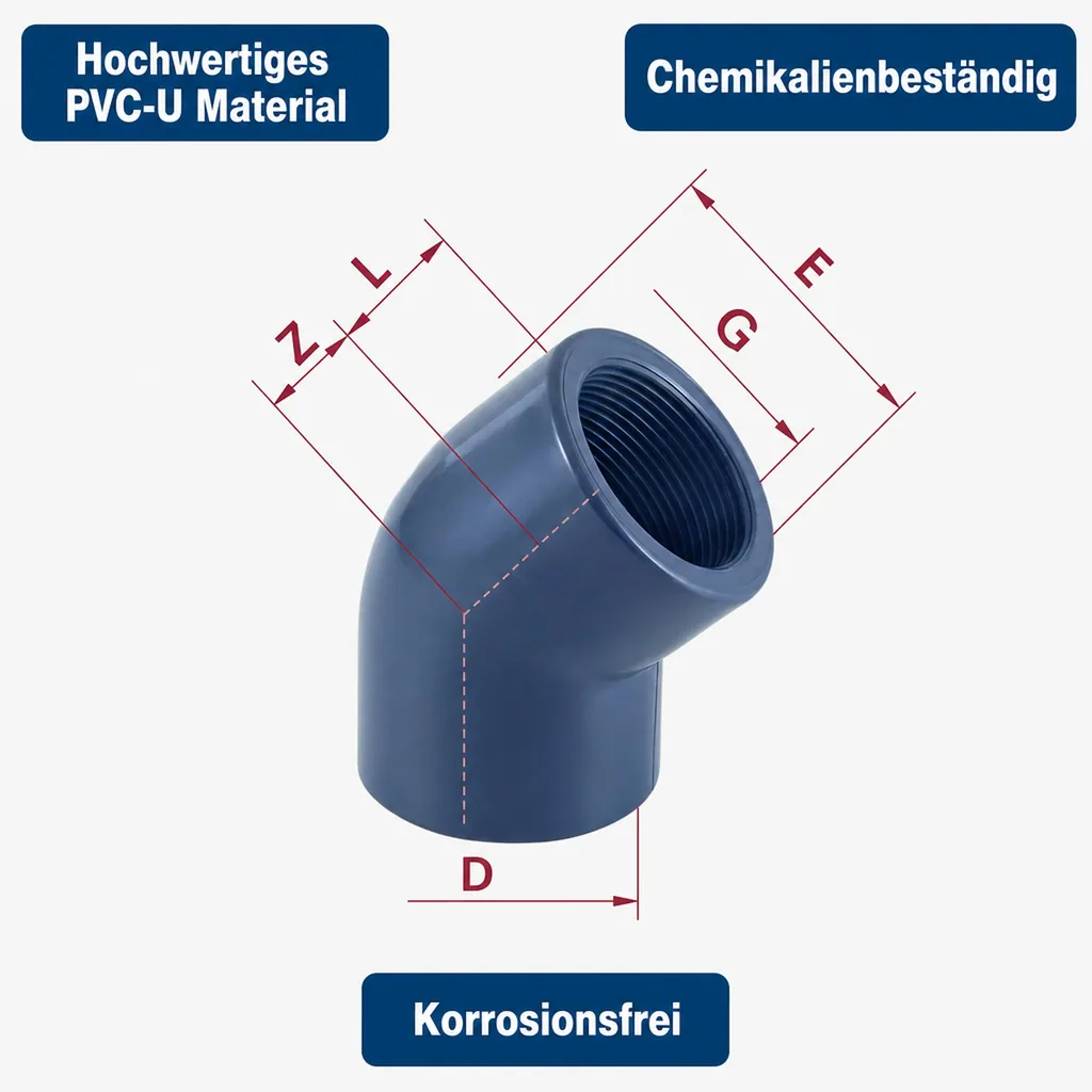 PVC Winkel, PVC Fitting, 45 Grad, IG 1 1/2 Zoll, PN10