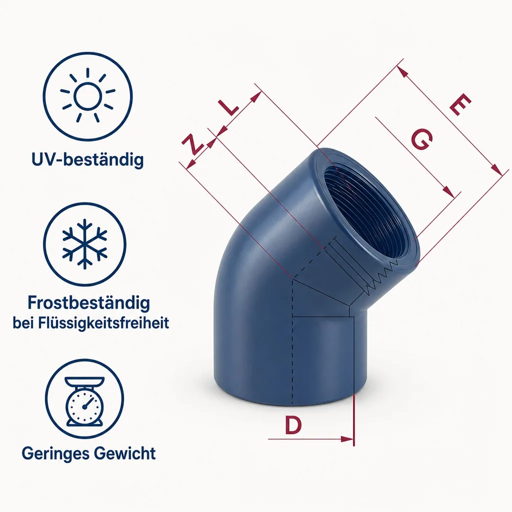 PVC Winkel, PVC Fitting, 45 Grad, IG 1 1/2 Zoll, PN10