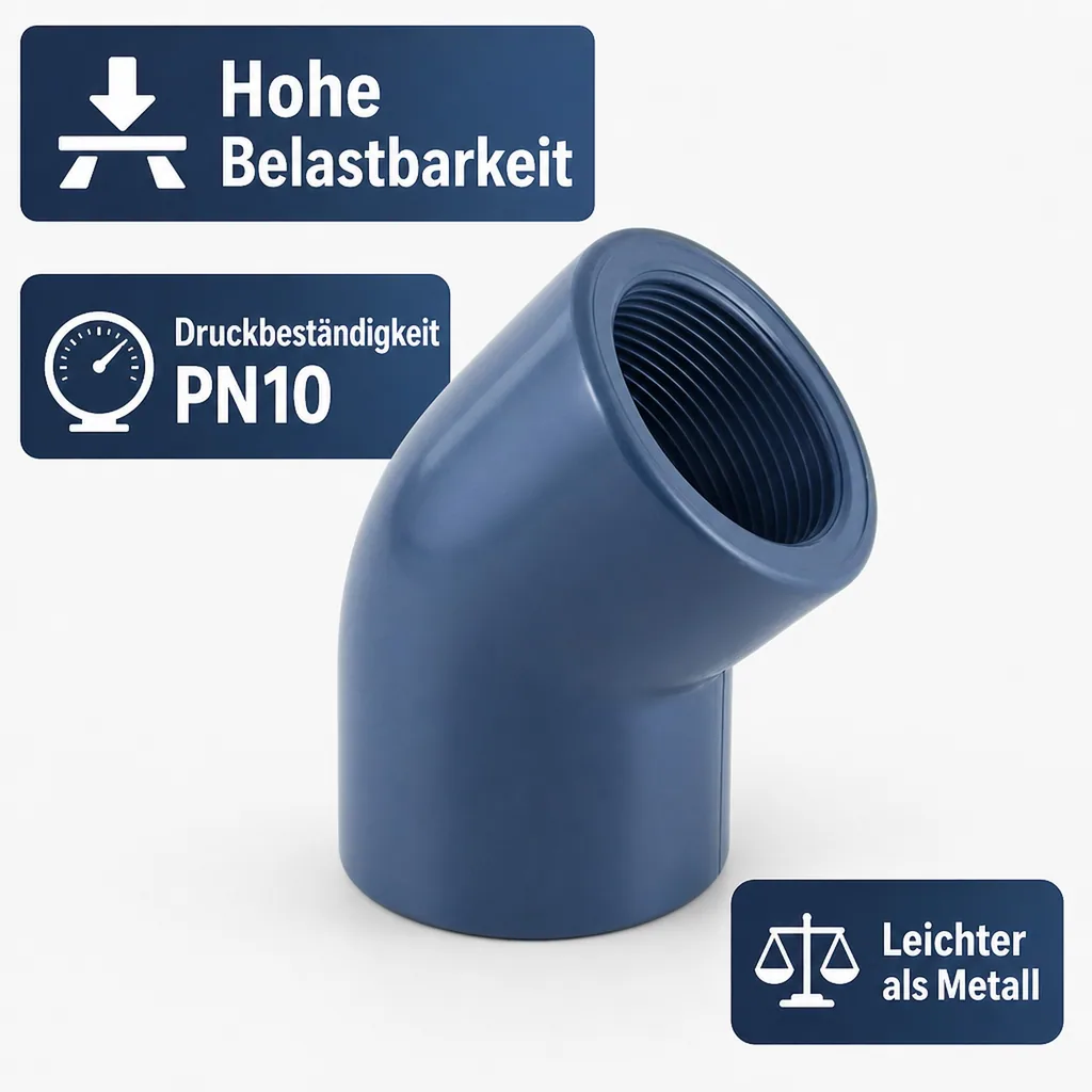 PVC Winkel, PVC Fitting, 45 Grad, IG 1 1/2 Zoll, PN10