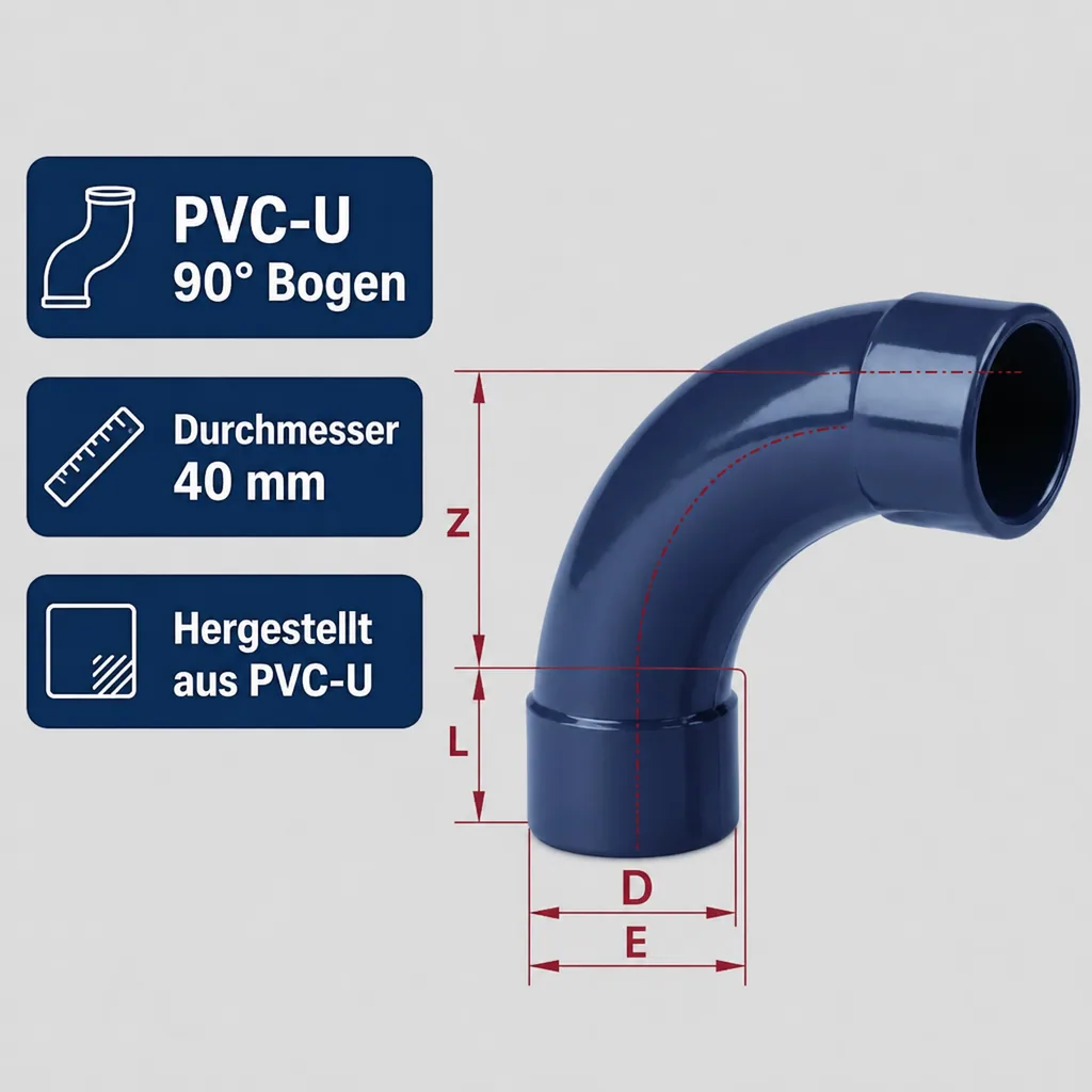 PVC Rohrbogen 40mm, PVC-U 90 Grad Bogen, PN16 Klebefitting