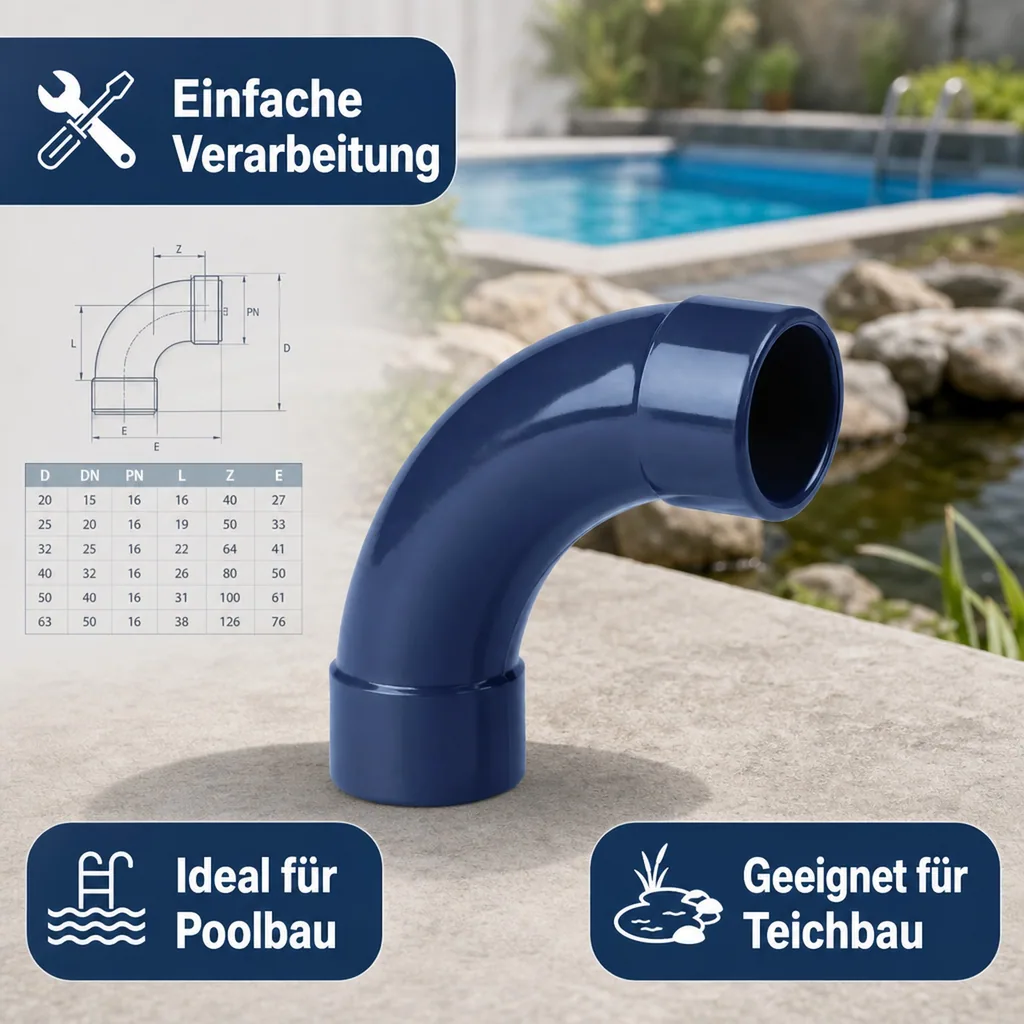 PVC Rohrbogen 40mm, PVC-U 90 Grad Bogen, PN16 Klebefitting