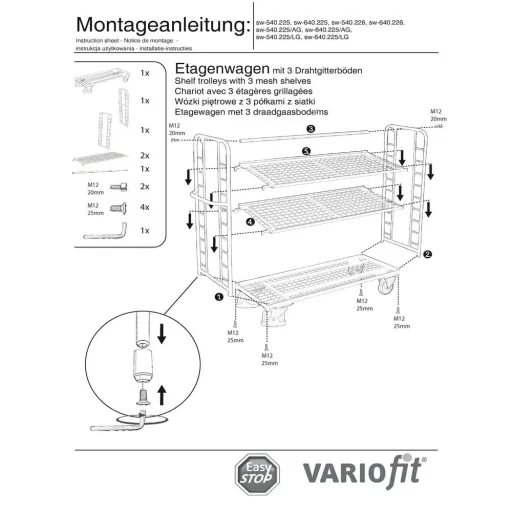 Etagenwagen mit 3 Drahtgitterböden verzinkt 250 kg Traglast Typ M + EasySTOP