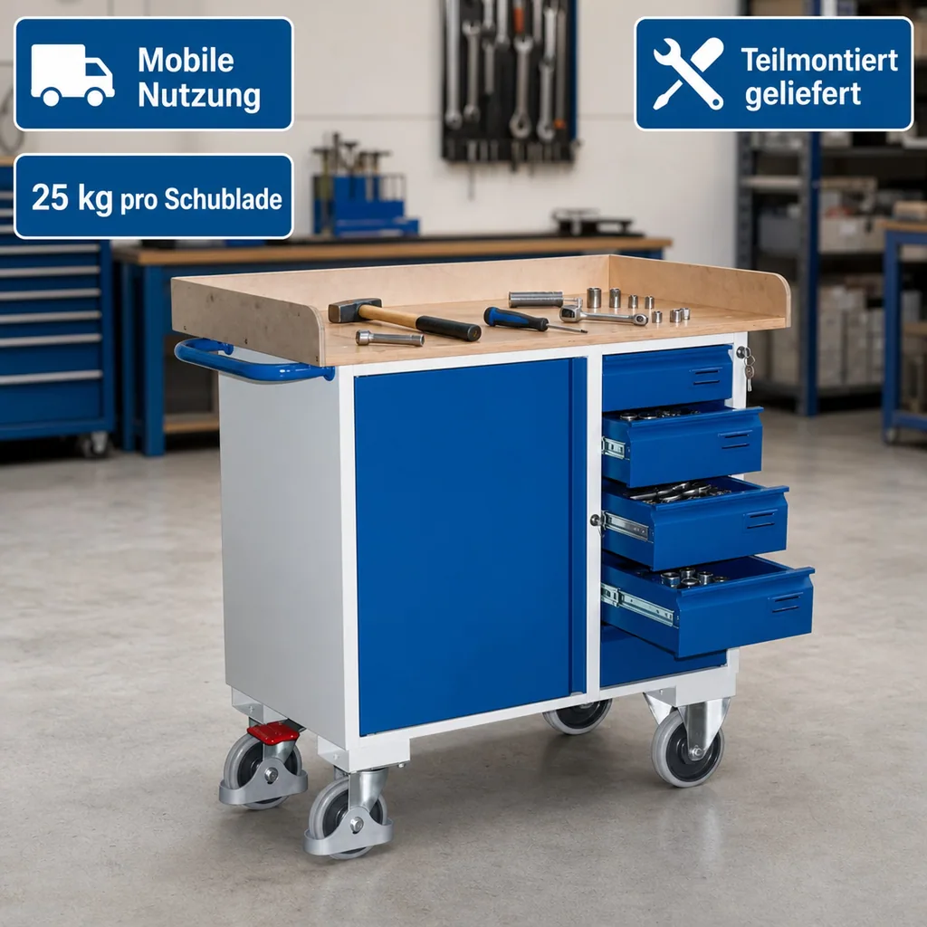 Werkstattwagen, mit Schubladen, 4 Schubladen, 1 Schrank, 400 kg Traglast
