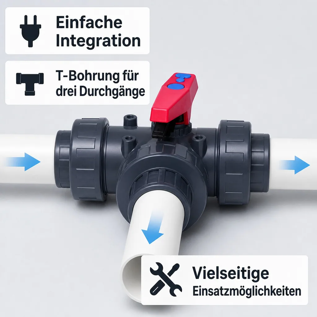 PVC Fittings, 3-Wege Kugelhahn Muffe, 50mm PN10