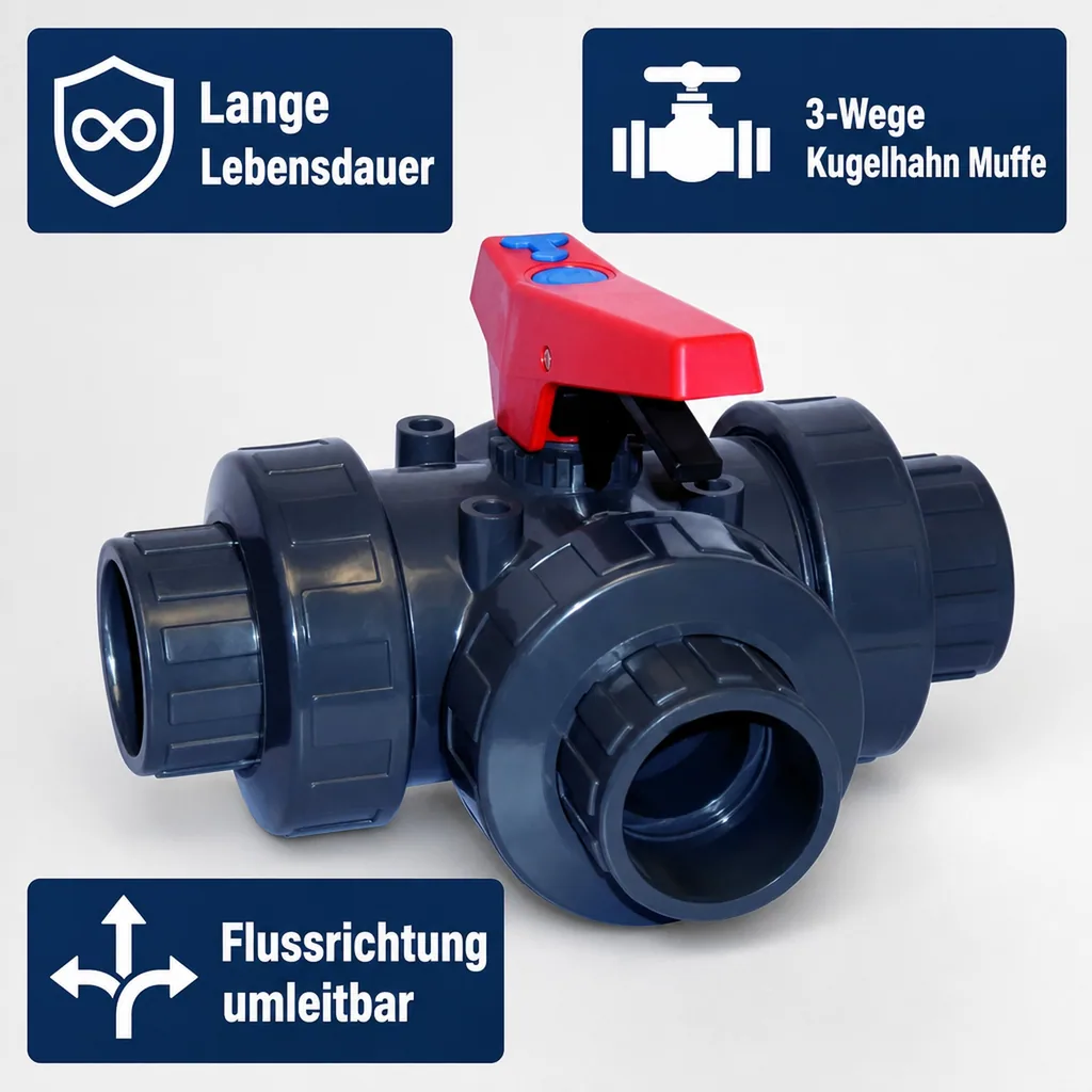 PVC Fittings, 3-Wege Kugelhahn Muffe, 50mm PN10