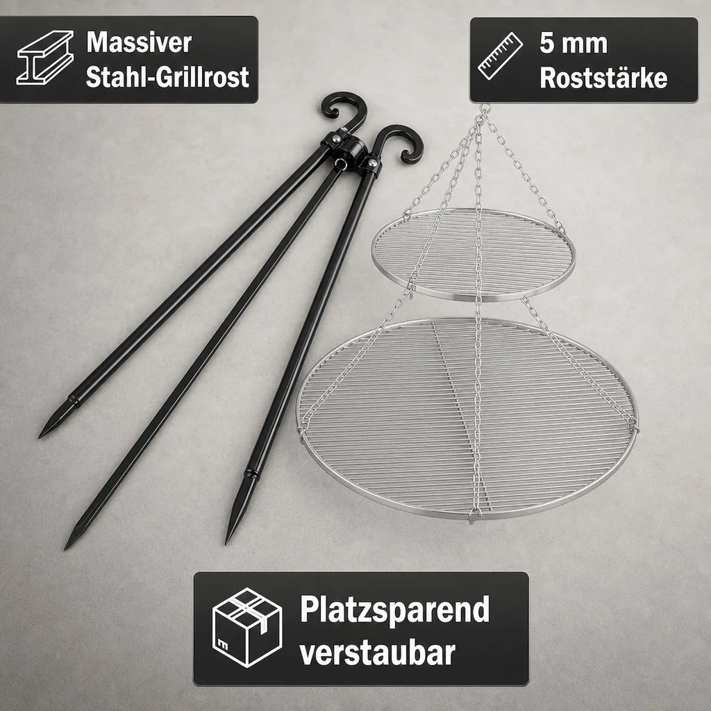 Schwenkgrill Set, Dreibein, Doppelrost 80/40cm, Gartengrill