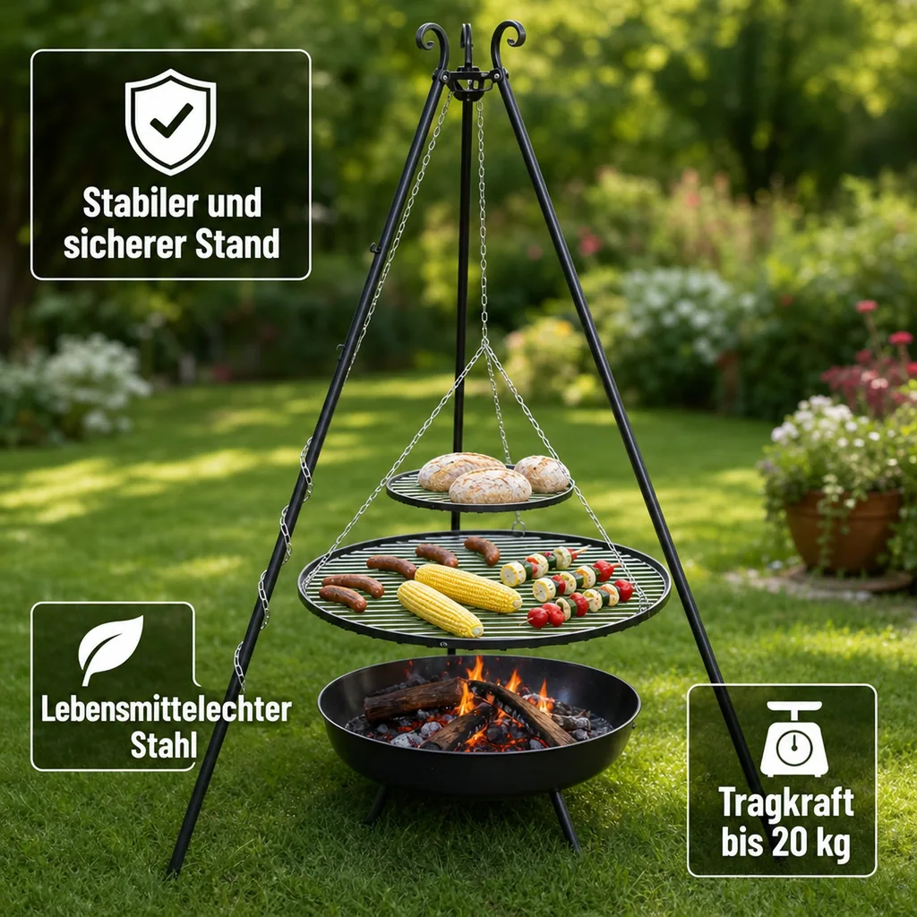 Schwenkgrill Set, Dreibein, Doppelrost 80/40cm, Gartengrill