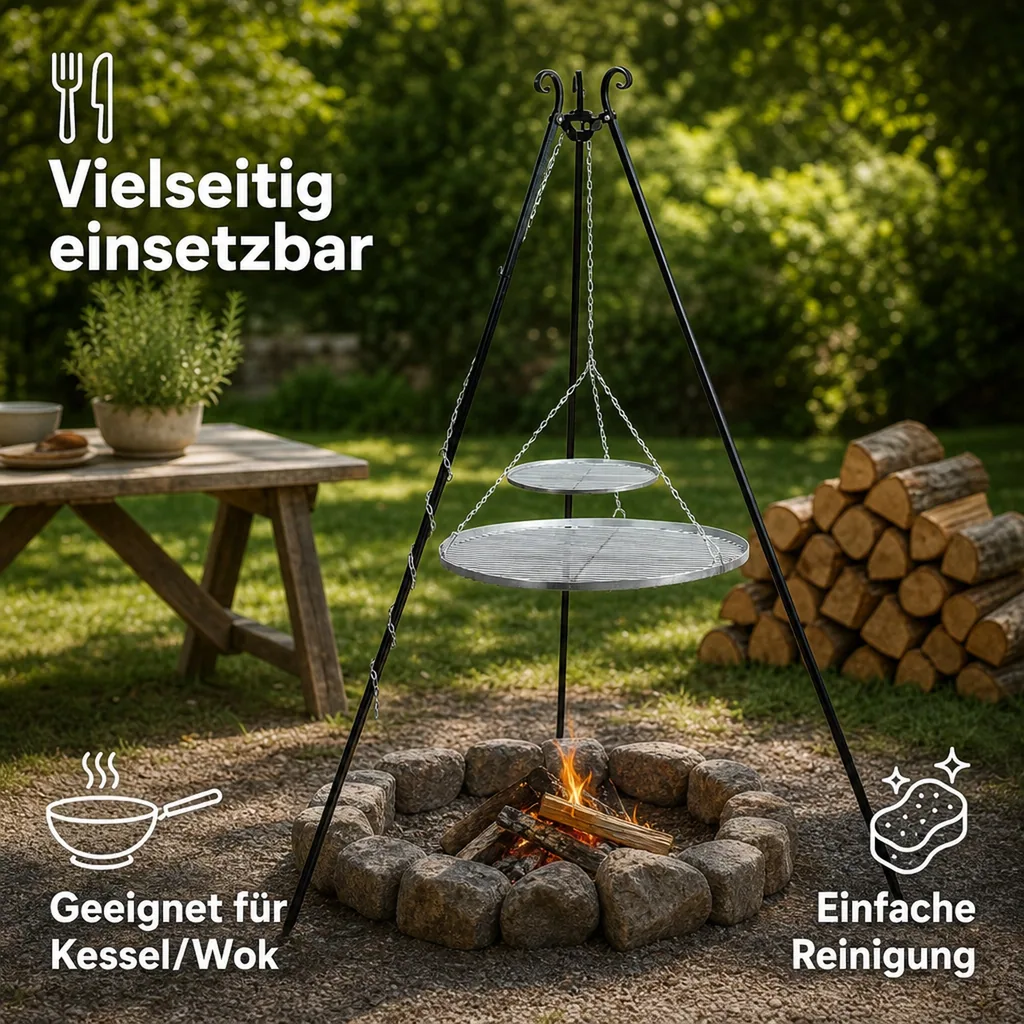 Schwenkgrill Set, Dreibein, Doppelrost 80/40cm, Gartengrill