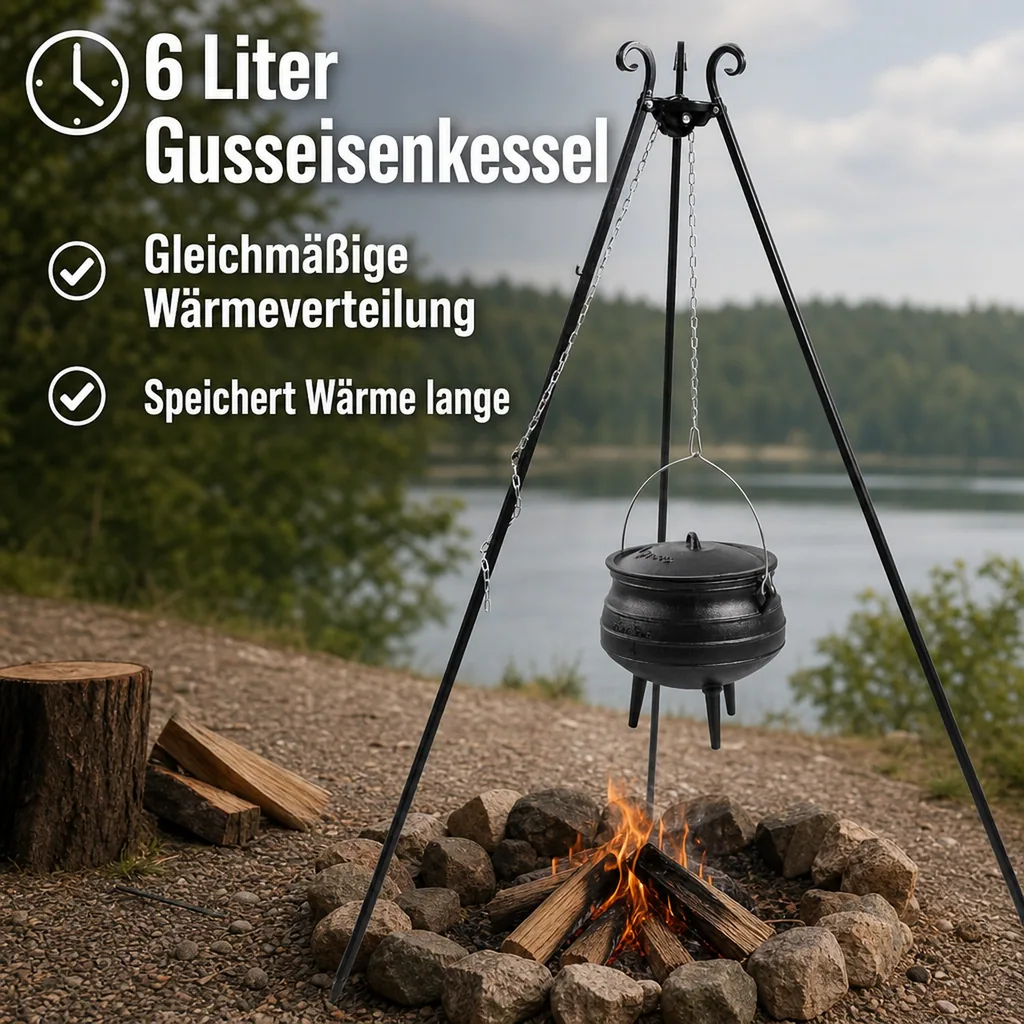 Gusseisenkessel, Dreibein Grill, Feuerkessel, 6L, mit Dreibein 180 cm