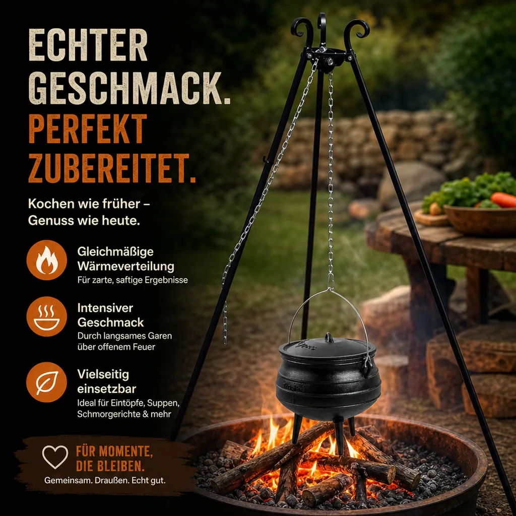 Gusseisenkessel, Dreibein Grill, Feuerkessel, 6L, mit Dreibein 180 cm