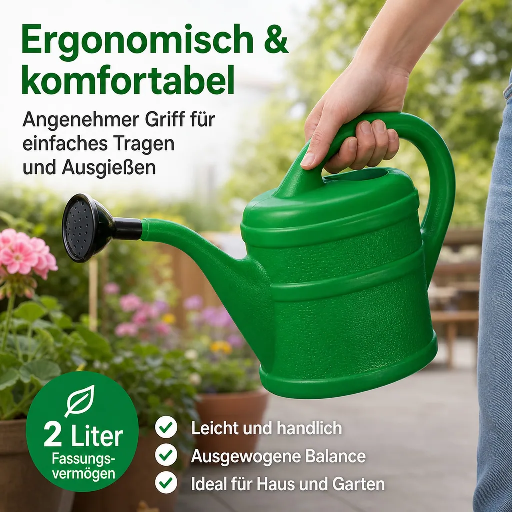 Gießkanne 2 Liter, kleine Kunststoffgießkanne, grün