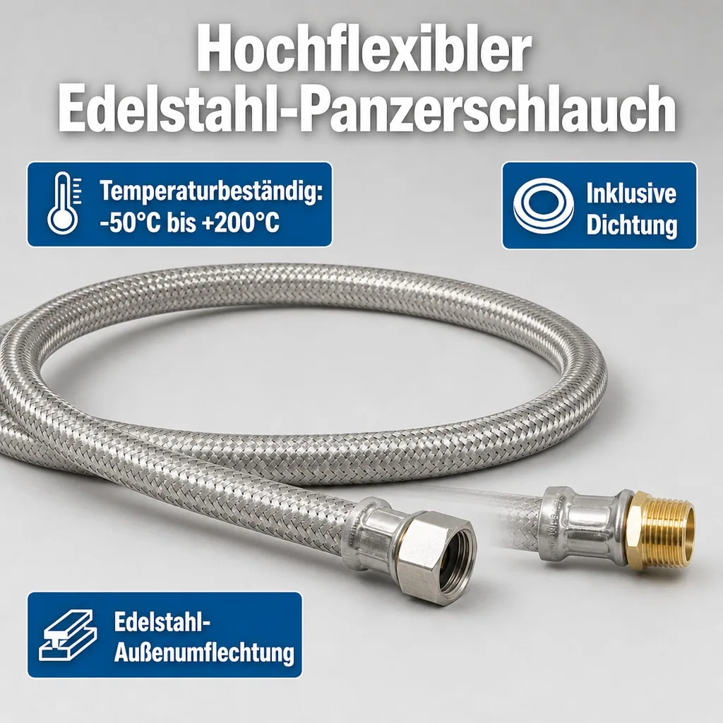 Panzerschlauch 1/2 Zoll, Edelstahl, Flexschlauch, DVGW, 1500mm