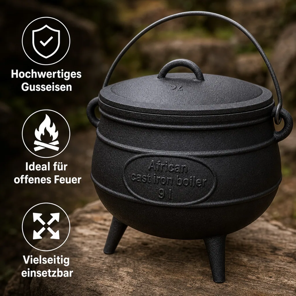Gusseisenkessel 9l, Kessel für offenes Feuer, Gulaschkessel, Feuerkessel