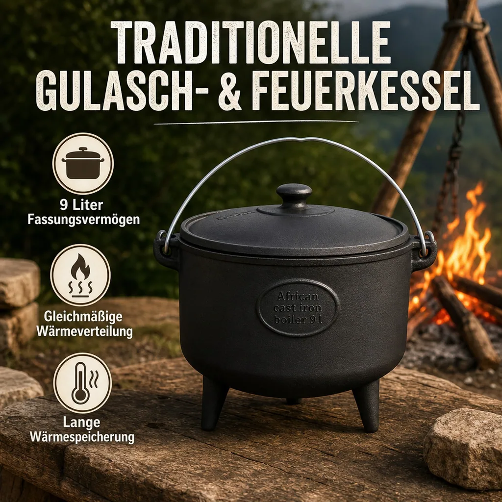 Gusseisenkessel 9l, Kessel für offenes Feuer, Gulaschkessel, Feuerkessel