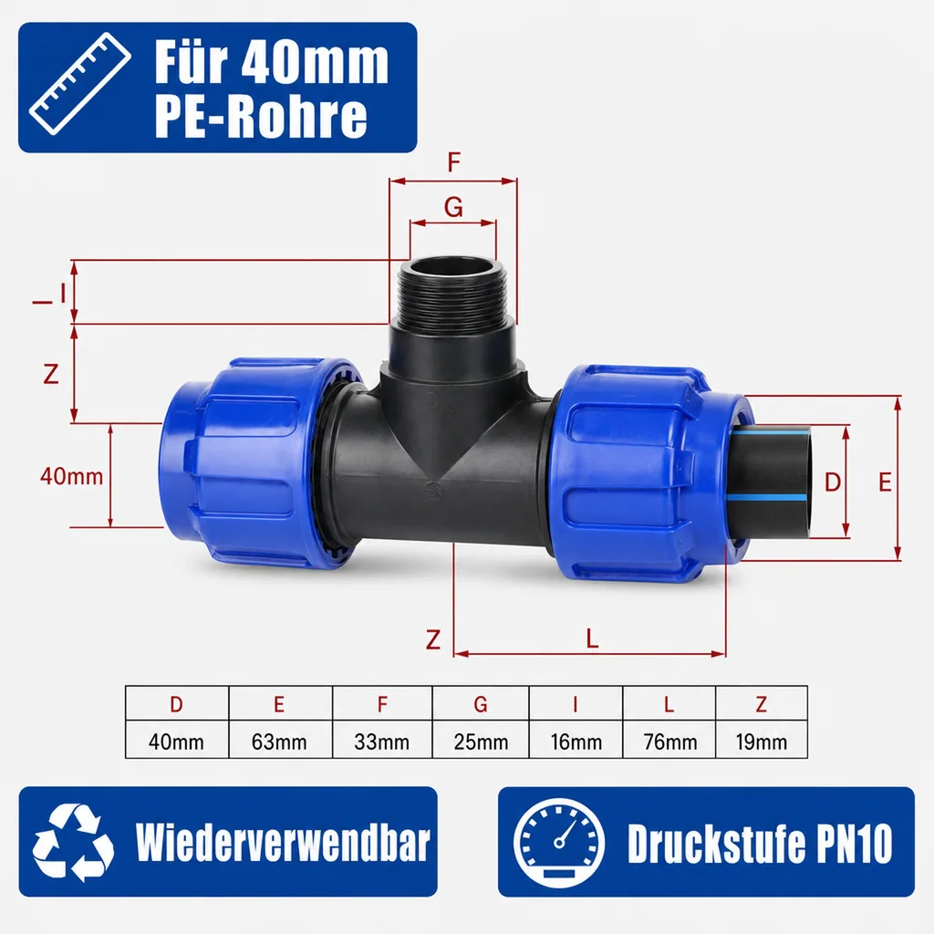 PE Rohr Verschraubung, T-Stück 40mm, Klemmfitting