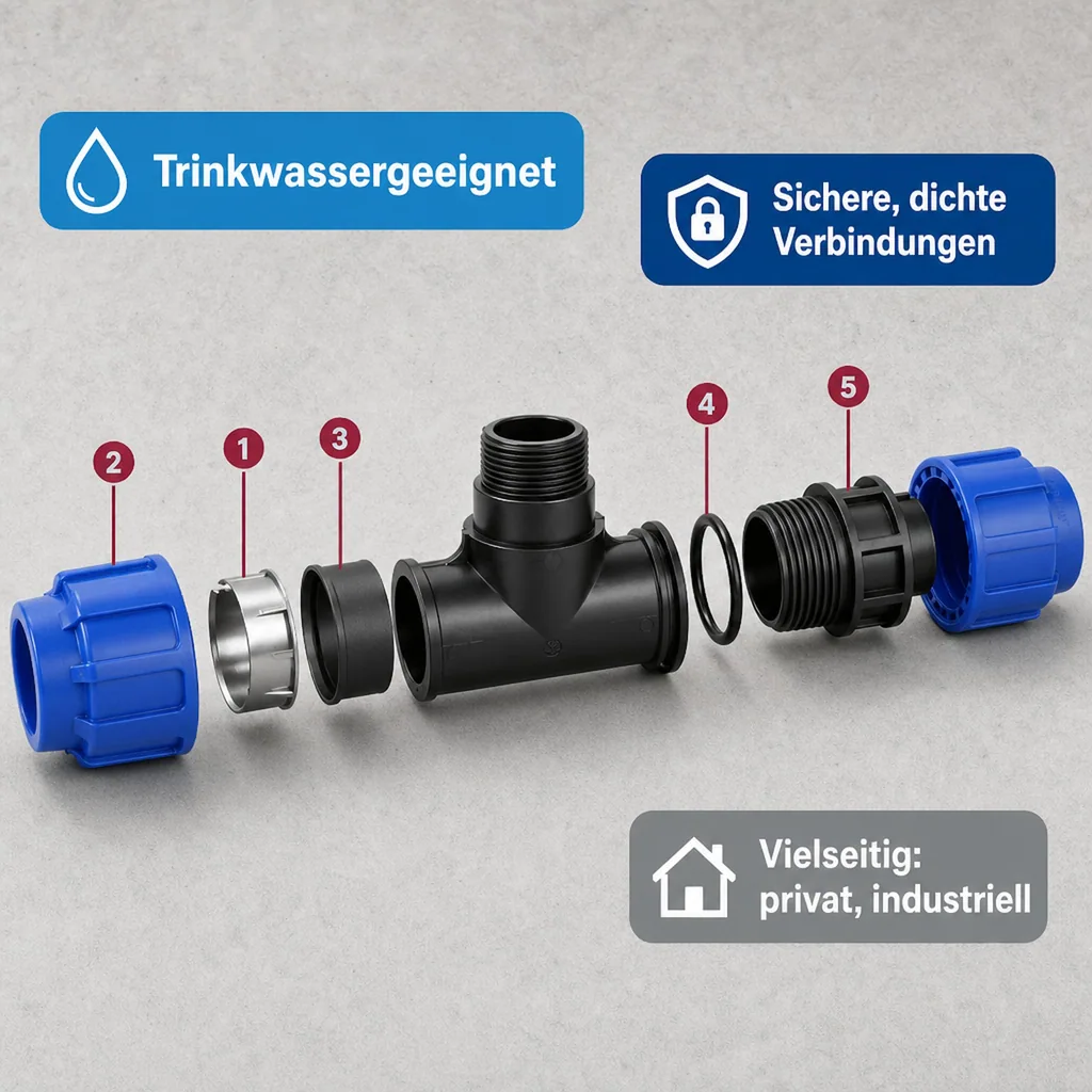 PE Rohr Verschraubung, T-Stück 40mm, Klemmfitting