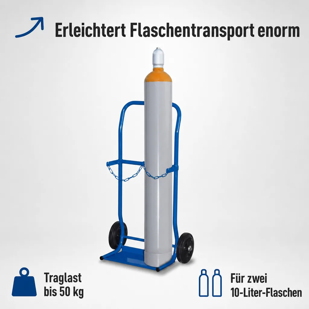 Stahlflaschenkarre, Flaschenkarre für 2 x 10l Stahlflaschen, 50kg Traglast